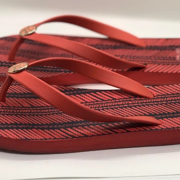 Coach Stripe Plaid Peachy Red and Black Designer Flip Flops - Picture 6 of 7